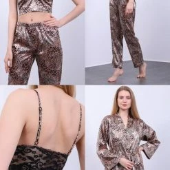 Uitgang 👍 Merkloos Satijn 3 -Delige Pyjamaset Luipaard Design / Kimono Ochtendjas Maat L 🤩