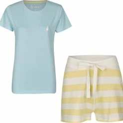 Aanbiedingen 🔔 By Louise Dames Pyjamaset Ice Cream Print Shortama Blauw Geel - Maat L 😉