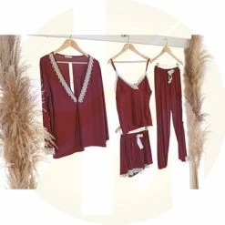 Aanbiedingen 🎉 Merkloos Dames Nachtjapon | Tuniek Van Kant | Nachthemd Voor Dames | Dames Pyjama | Cadeau Voor Dames | 4-delige Set | Kleur: Bordeaux | Maat: S ❤️ -Pyjama-s-dames Winkel 550x541