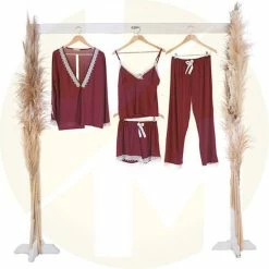 Aanbiedingen 🎉 Merkloos Dames Nachtjapon | Tuniek Van Kant | Nachthemd Voor Dames | Dames Pyjama | Cadeau Voor Dames | 4-delige Set | Kleur: Bordeaux | Maat: S ❤️ -Pyjama-s-dames Winkel 550x550 32
