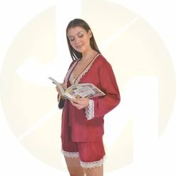 Aanbiedingen 🎉 Merkloos Dames Nachtjapon | Tuniek Van Kant | Nachthemd Voor Dames | Dames Pyjama | Cadeau Voor Dames | 4-delige Set | Kleur: Bordeaux | Maat: S ❤️ -Pyjama-s-dames Winkel 550x557 1