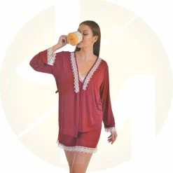 Aanbiedingen ๐ Merkloos Dames Nachtjapon | Tuniek Van Kant | Nachthemd Voor Dames | Dames Pyjama | Cadeau Voor Dames | 4-delige Set | Kleur: Bordeaux | Maat: S โค๏ธ