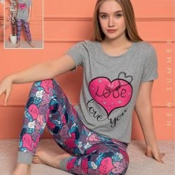 Kopen 😉 Merkloos Pyjama- Huispak 2-delig- Pyjama Dames Volwassenen- Vrijetijdskleding- Fashion Home&Sleep Wear 15876- Grijs/Donkerblauw Bloemenprint- Maat/L 🎉