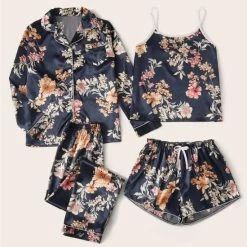 Begroting ✔️ Merkloos Vrouwen Pyjamaset Van 4, Satijn, Donker Blauw, Maat XL(42) 🔥 -Pyjama-s-dames Winkel 550x720 1