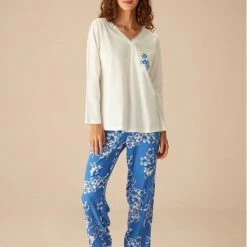 Hete verkoop 😉 Merkloos Suwen- Dames Pyjama Set - Homewear -Satijn Blauw/Wit Maat L ❤️