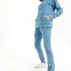 Groothandel 😉 SCR. Nirora - Dames Hoodie - Trui Met Gescheurde Details - Blauw - Maat XS 🛒 -Pyjama-s-dames Winkel 550x813