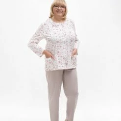 Goedkoop ✨ Merkloos Martel Maria Dames Pyjama - Lange Mouwen- Wit/beige- 100 % Katoen 4XL 👏