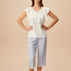 Aanbiedingen 🧨 Merkloos Suwen- Dames Capri Pyjama Set Blauw / Wit Maat M ⌛