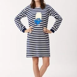 Korting ๐ Woody Slaapkleed Velours Meisjes/dames - Donkerblauw-wit Gestreept - Schaap - 222-1-NIL-V/928 - Maat S ๐