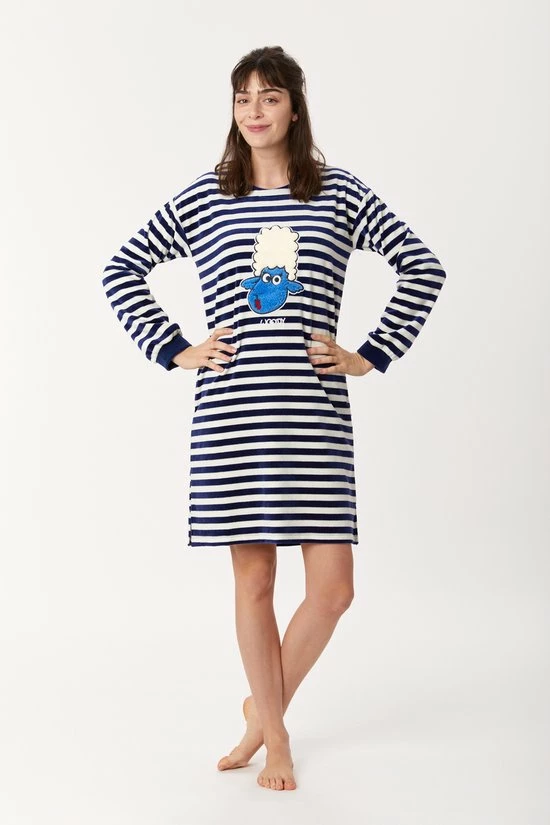 Korting 😉 Woody Slaapkleed Velours Meisjes/dames - Donkerblauw-wit Gestreept - Schaap - 222-1-NIL-V/928 - Maat S 👏 3 Korting 😉 Woody Slaapkleed Velours Meisjes/dames - Donkerblauw-wit Gestreept - Schaap - 222-1-NIL-V/928 - Maat S 👏