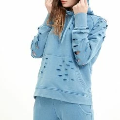 Groothandel 😉 SCR. Nirora - Dames Hoodie - Trui Met Gescheurde Details - Blauw - Maat XS 🛒 -Pyjama-s-dames Winkel 550x836