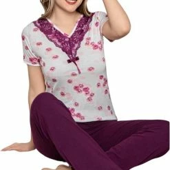 Hete verkoop 🧨 Merkloos Pyjama- Huispak 2-delig- Pyjama Dames Volwassenen- Vrijetijdskleding- Fashion Home&Sleep Wear 15704- Wit/paars- Maat/S 💯